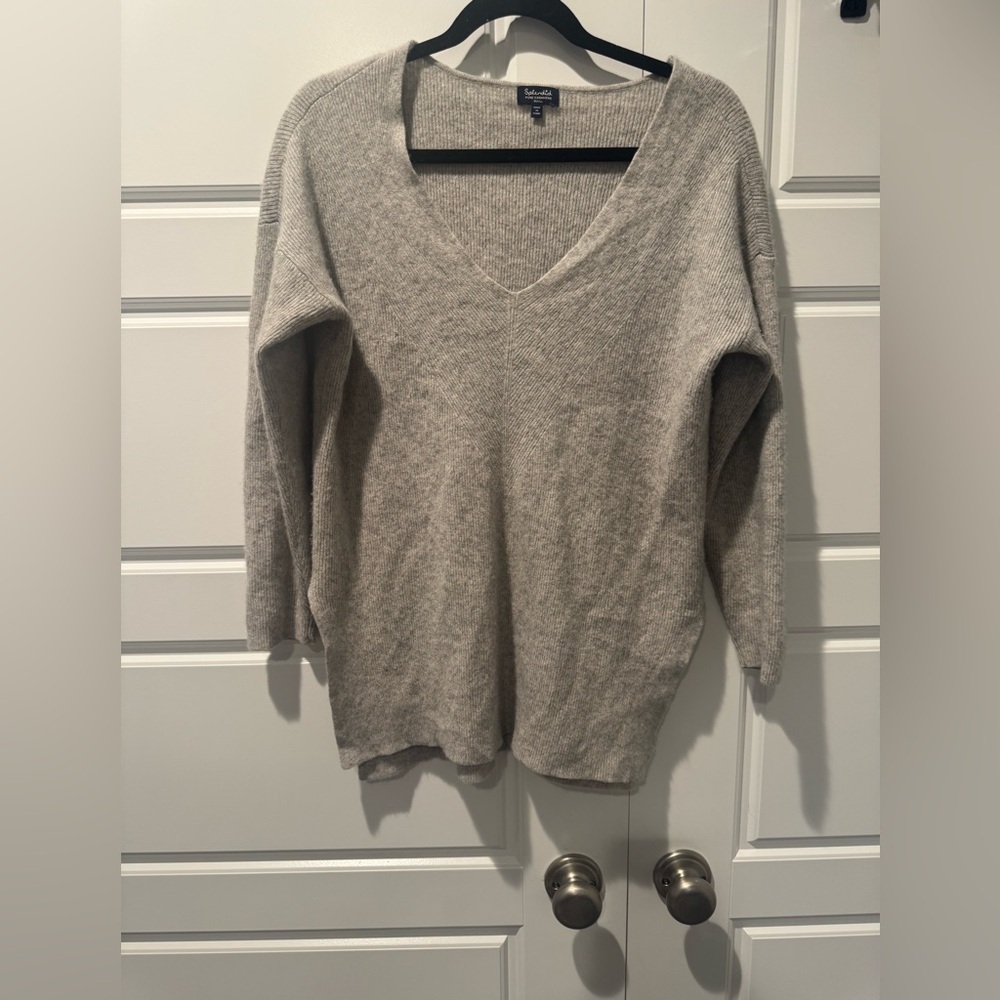 Splendid Pure Cashmere Light Grey Ribbed 3/4 Sleeve Sweater Size Small